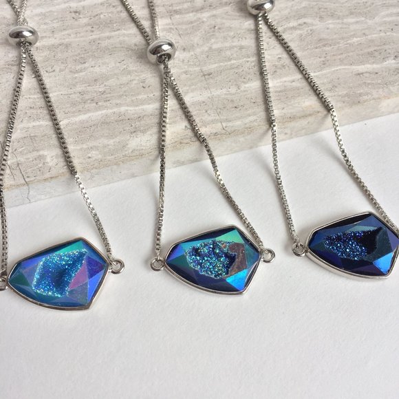 Blue druzy geode adjustable chain bracelet, Silver - Picture 7 of 7